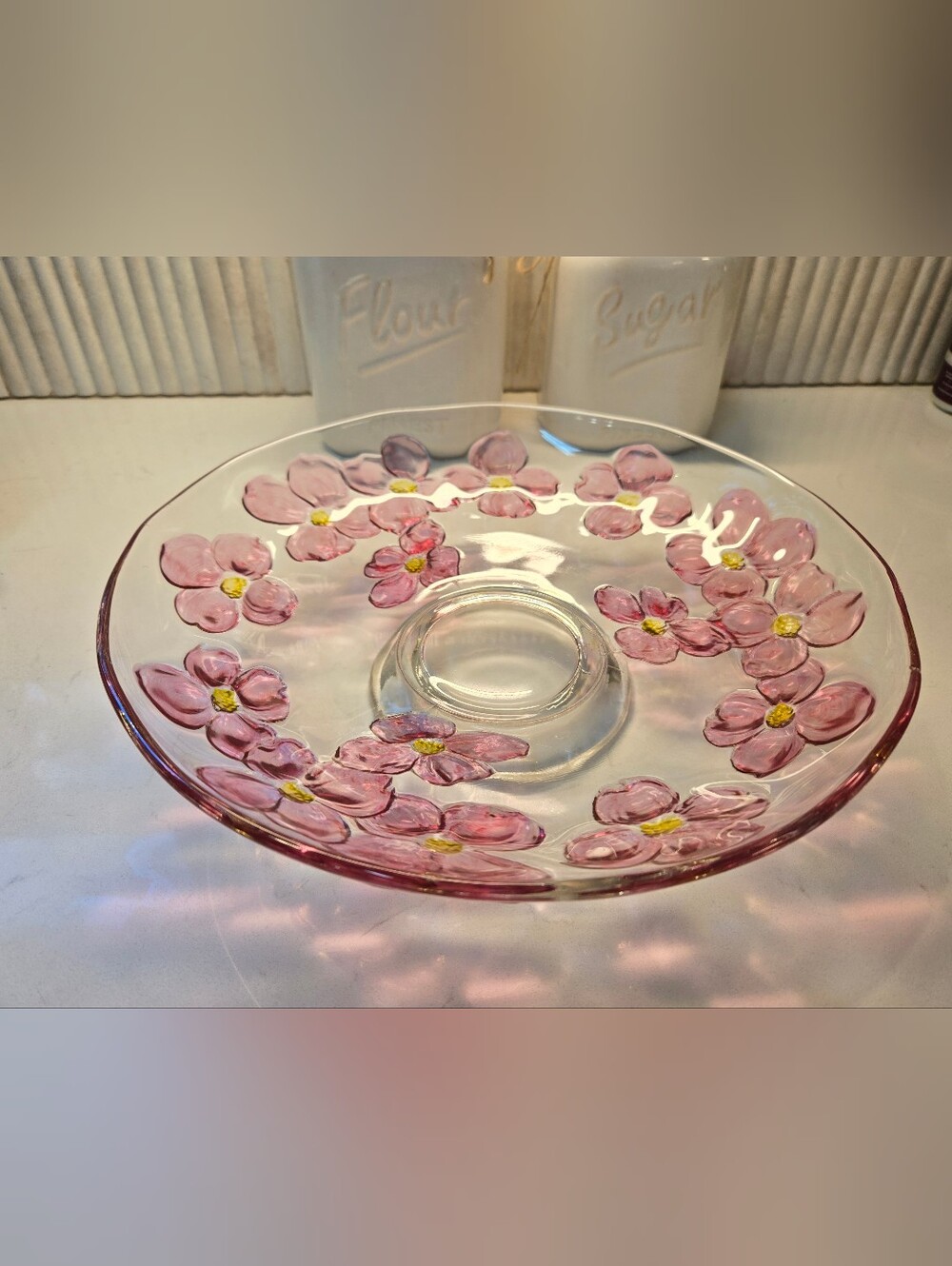 Dogwood Flower Pink Floral Glass Pedestal Serving Platter